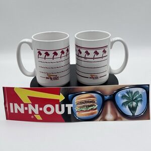 VTG 80's In-N-Out Burger Set! 2 White & Red Palm Tree Large Mugs +Bumper Sticker